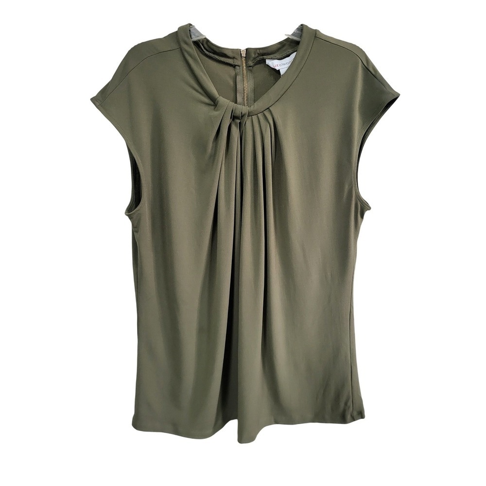 Liz Claiborne Olive Green Cap Sleeve Twisted Neck Zipper Back Top Women's Size L